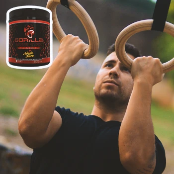 A person focused on workout with Gorilla Mode Nitric on the top left