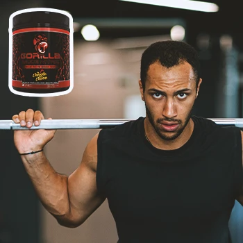 A person lifting weights with Gorilla Mode Nitric on the top left of the image