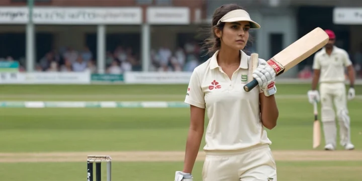A hot female cricket player holding a bat in the cricket field