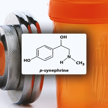 P-Synephrine graphic with a workout bottle and weights in the background