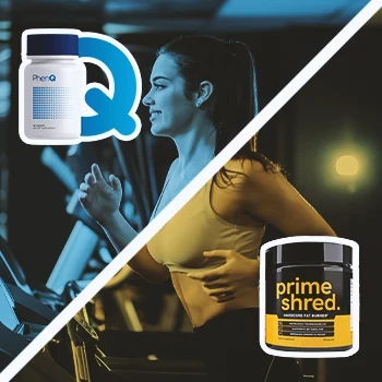 PhenQ And PrimeShred side by side with a woman in the background running on a treadmill