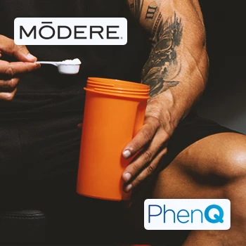 A person scooping protein powder with PhenQ and Modere Trim logo on the sides