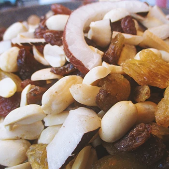 Close up picture of dried fruits and nuts