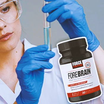 A chemist checking chemicals with Forebrain Force Factor on the side