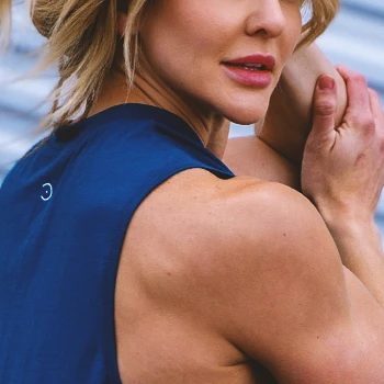 Close up shot of Brooke Ence's muscles and jawline