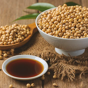 Close up shot of soy grains and soy sauce