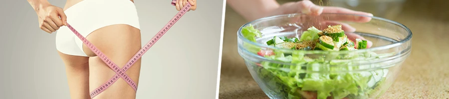 Measuring a woman's legs and a bowl of salad