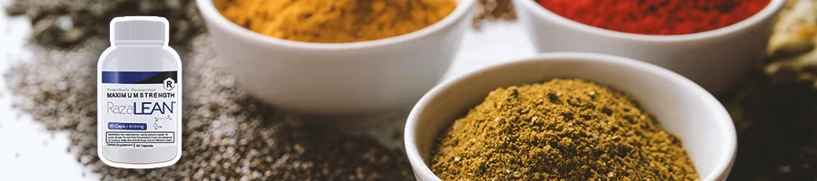 Close up shot of powder ingredient spices with Razalean on the side