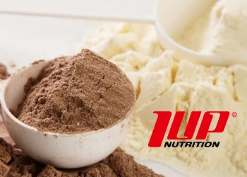 Close up image of 1UP nutrition powder with logo