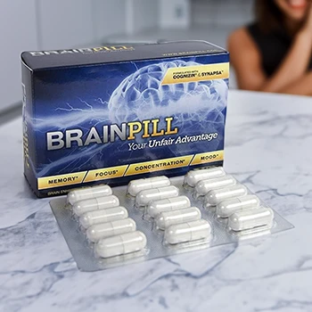 Brain Pill supplement on a kitchen table
