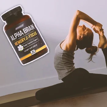 A woman doing yoga stretches with Alpha Brain on the foreground