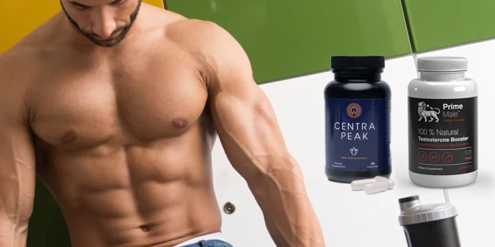 Man with muscular physique, overlay of Centrapeak and Prime Male supplement product
