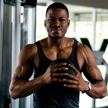 Man struggling to lift heavy dumbbell