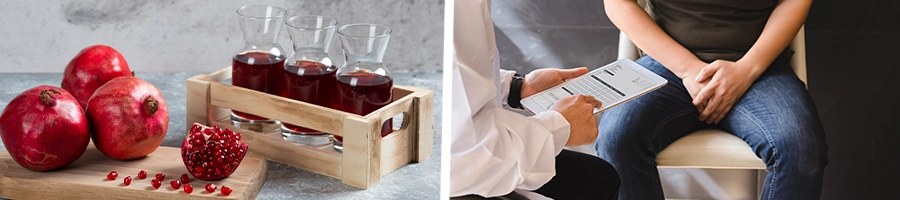 A line of glass jar with pomegranate and a man holding his private part having a check up from a doctor