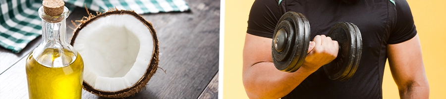 Coconut oil in a jar, a man holding dumbbells for workout