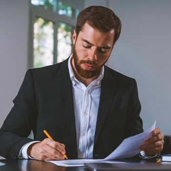 A lawyer looking at paperwork on a table