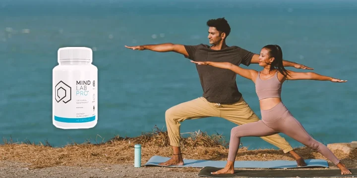 A couple doing stretches outside with Mind Lab Pro on the foreground