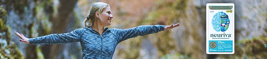 A woman doing yoga with Neuriva on the side