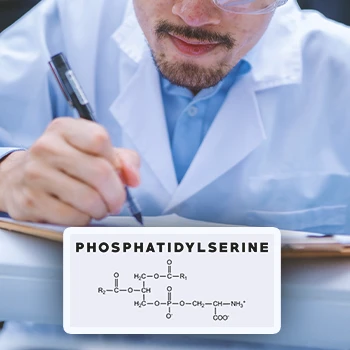 A chemist writing down on a clipboard with Phosphatidylserine on the foreground