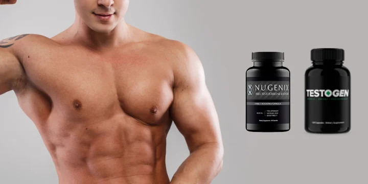 Muscular person flexing bicep muscles with Testogen and Nugenix supplement product overlay