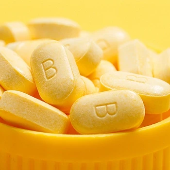 Vitamin B in pills close up image