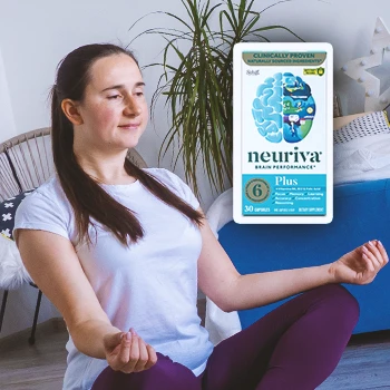 A woman meditating with Neuriva on the foreground