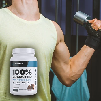 A buff person lifting weights with Transparent Labs Protein Powder on the foreground