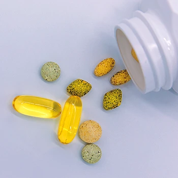 Close up shot of workout supplements on a white table