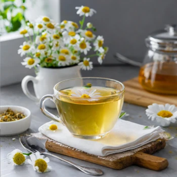 Close up image of chamomile tea in a mug