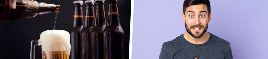 Pouring beer on glass mug, bearded man pointing at himself