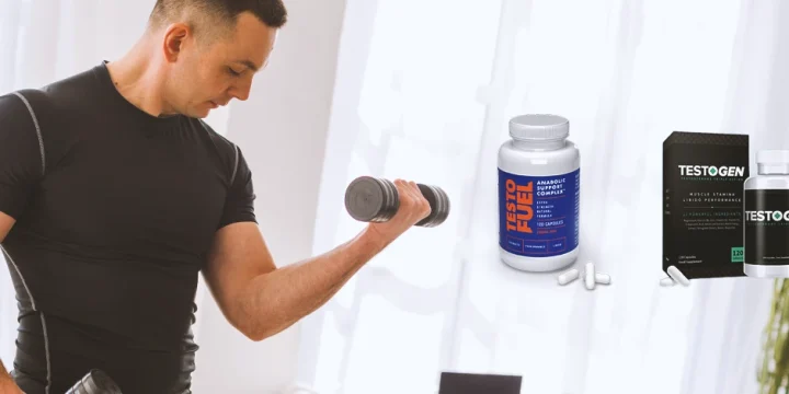 A male working out with TestoFuel and Testogen on the foreground