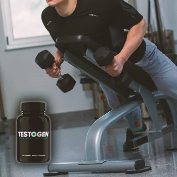 A buff male working out in the gym with Testogen at the lower left of the image