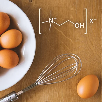 Eggs on a plate and the chemical symbol for Choline