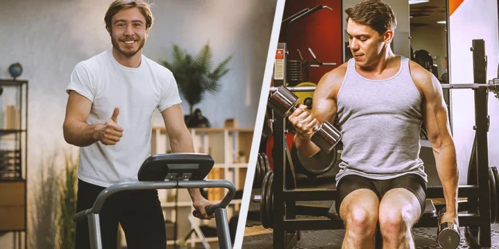 A person working out at his home gym beside a man working at a commercial gym