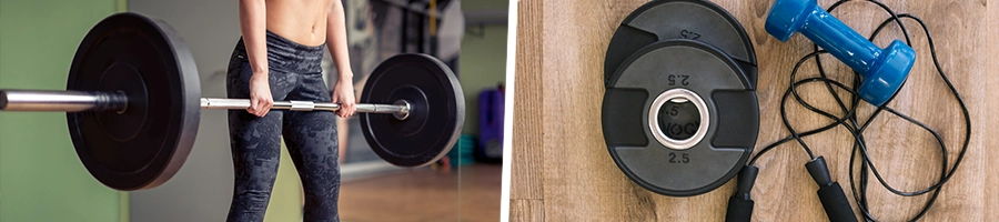 Holding a barbell, top view of weight plates and jumping ropes