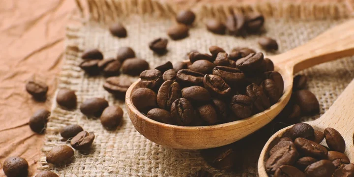 Close up shot of coffee beans with caffeine on a wooden spoon
