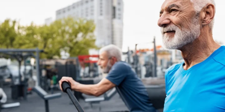 An old man over 60 doing squats outdoors