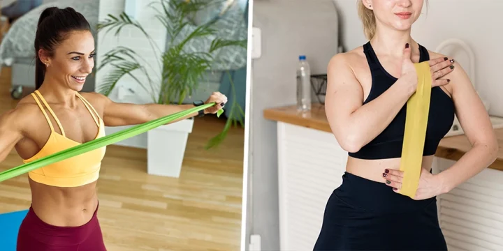 Women using resistance band for a bodyweight workout
