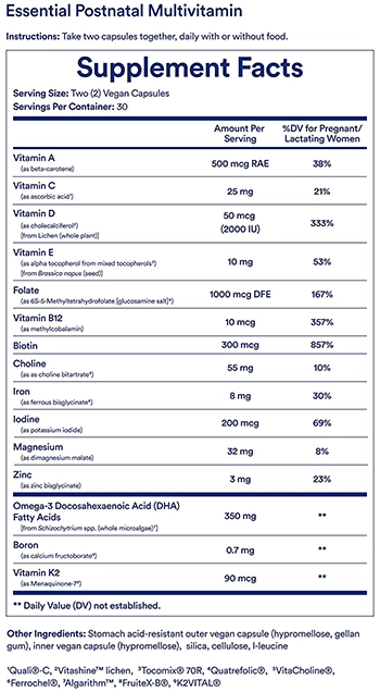 Supplement Facts of Ritual Postnatal Multivitamin for women