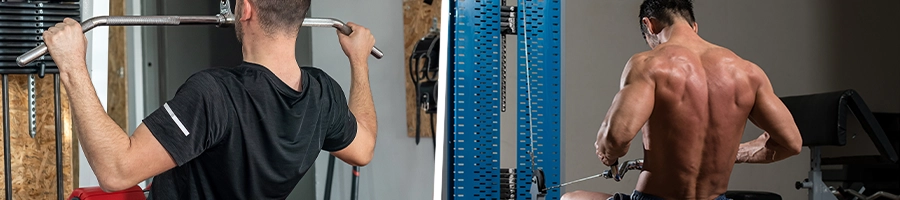 Two different guys doing their own back muscle exercise using cable pulls