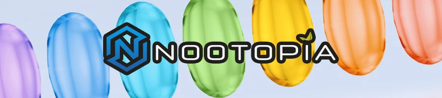 The nootopia logo with a bunch of pills in the background