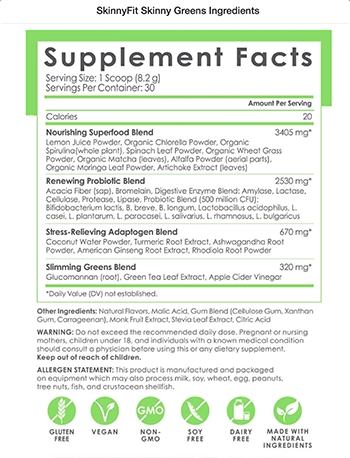 Supplement Facts of Skinny Greens Ingredient