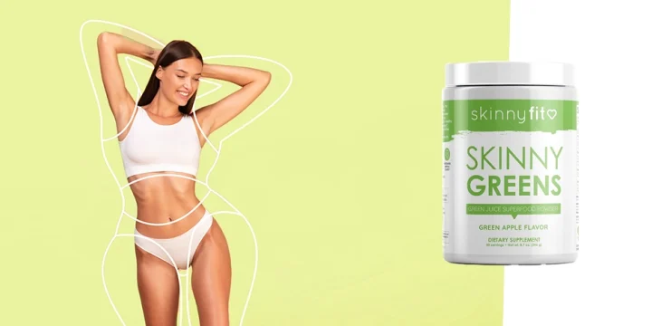 Slim woman with SkinnyFit Skinny Greens supplement overlay