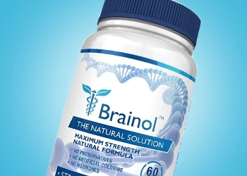 Brainol supplement container in blue background