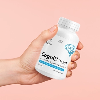 Holding a CogniBoost supplement container in pink background