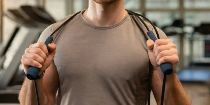 Man preparing for jump rope exercise at the gym