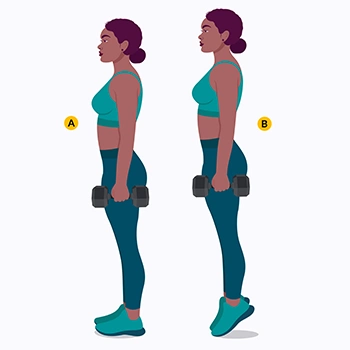 An illustration of a woman holding dumbbell and doing calf raises