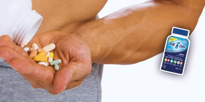 A buff male holding multivitamins with One A Day Multivitamins on the side