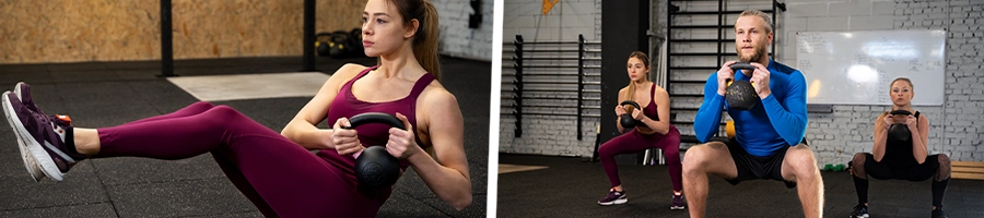 A woman performing a kettlebell and bodyweight workout