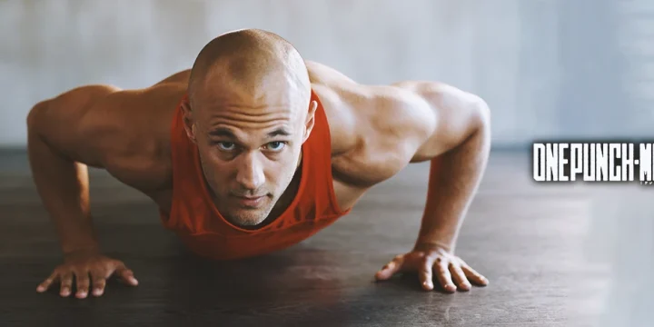 A bald man doing the one punch man workout